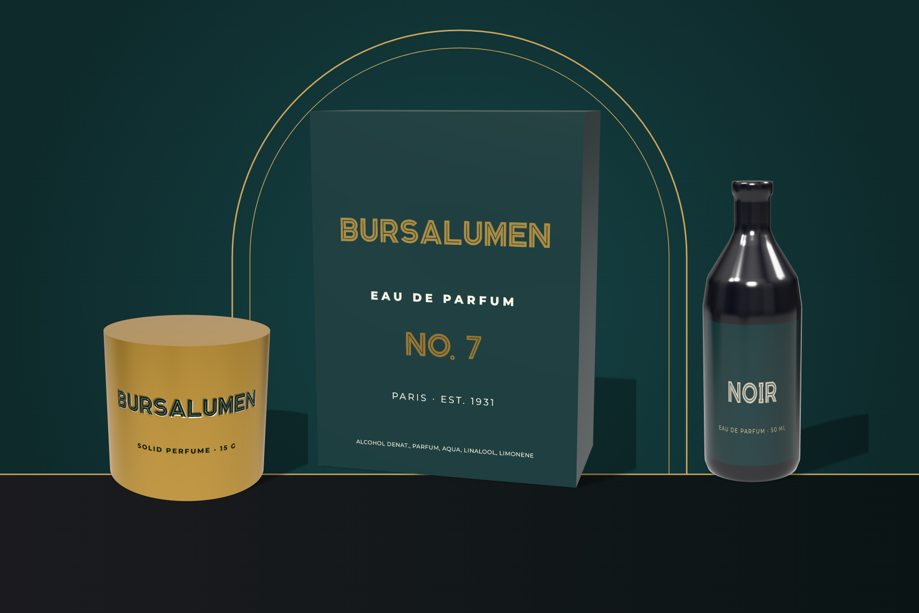 Bursalumen perfume packaging with an Eau de Parfum No. 7 box, gold solid perfume tin and a black Noir bottle