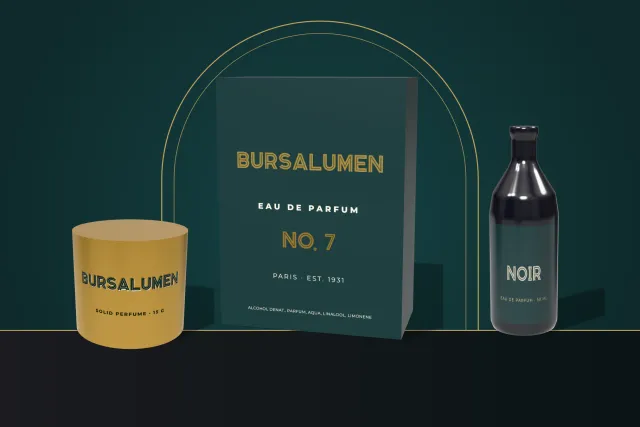 Bursalumen perfume packaging with an Eau de Parfum No. 7 box, gold solid perfume tin and a black Noir bottle