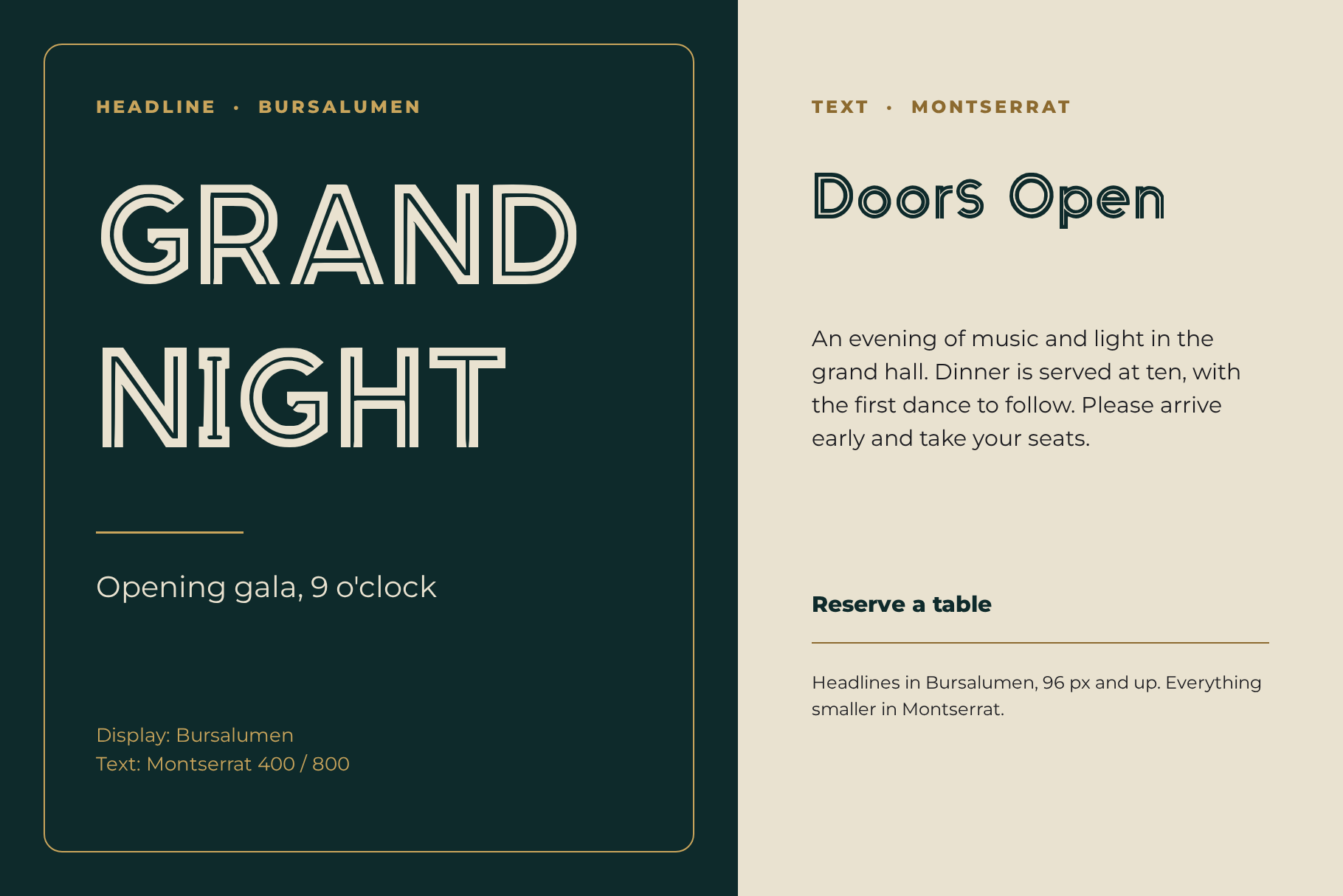 Bursalumen pairing card with Grand Night headline in inline capitals next to body text set in a plain sans
