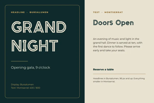 Bursalumen pairing card with Grand Night headline in inline capitals next to body text set in a plain sans