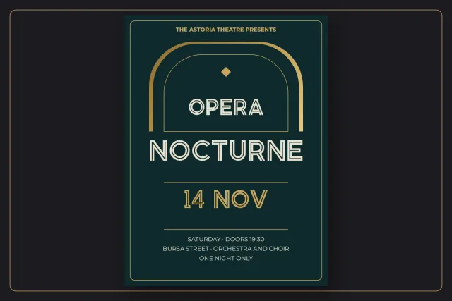 Bursalumen theatre poster for Opera Nocturne 14 Nov in cream and gold inline letters under a gold arch