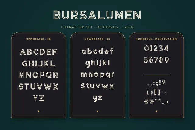 Bursalumen character set on three arched panels with uppercase, lowercase, numerals and punctuation