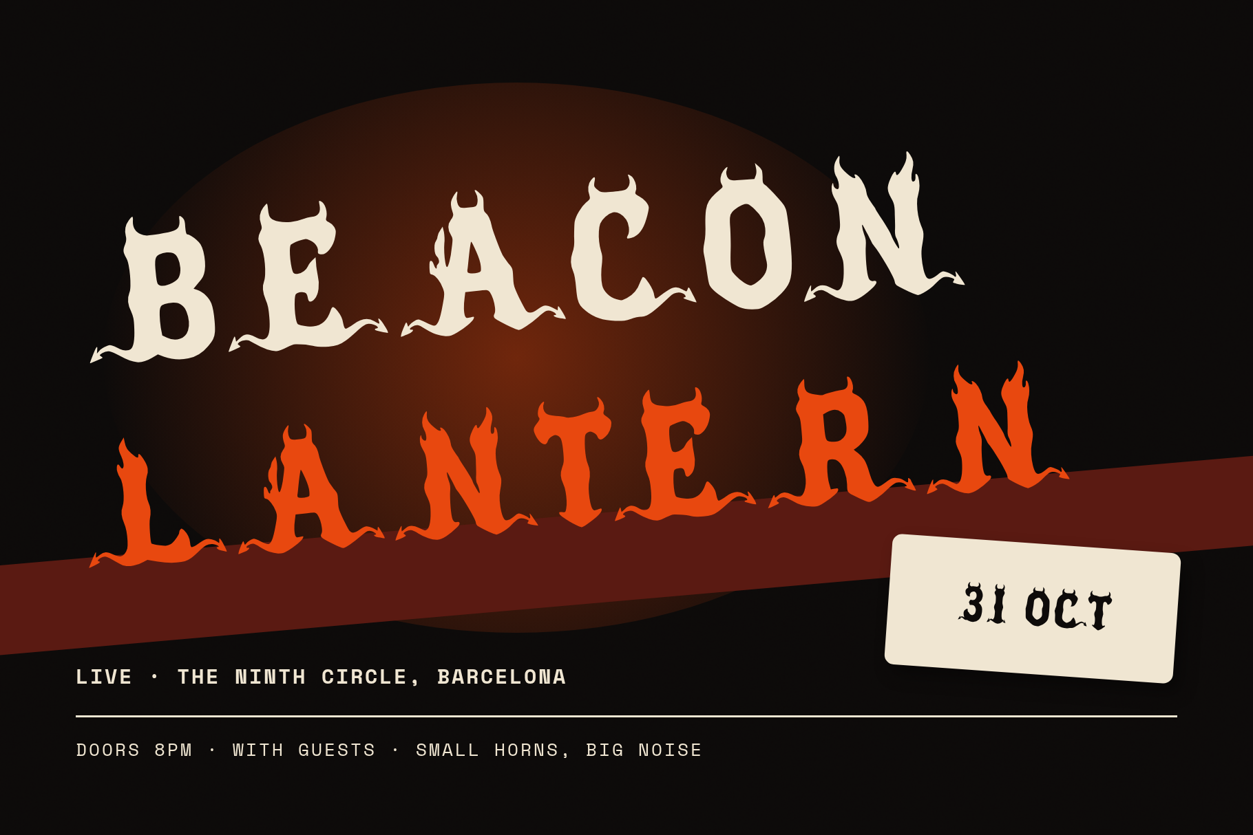Beacon Lantern gig poster for a 31 October show in Barcelona with tilted horned lettering