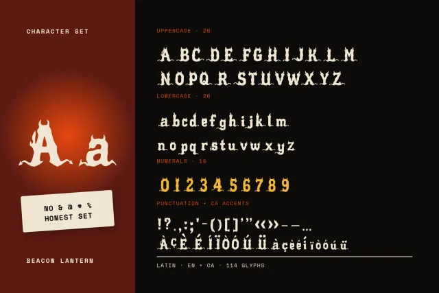 Beacon Lantern character set with both cases, yellow figures, punctuation and Catalan accents