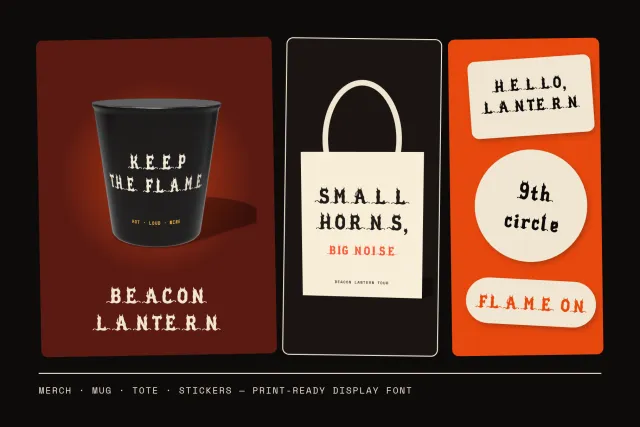 Beacon Lantern merch with a Keep the flame mug, a Small horns big noise tote and stickers