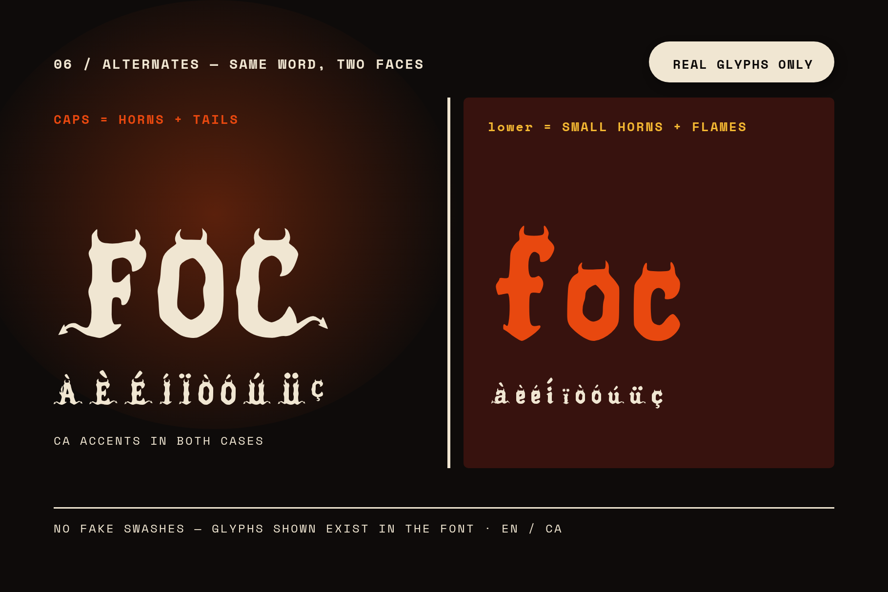 Beacon Lantern alternates card comparing FOC in horned capitals with foc in flaming lowercase