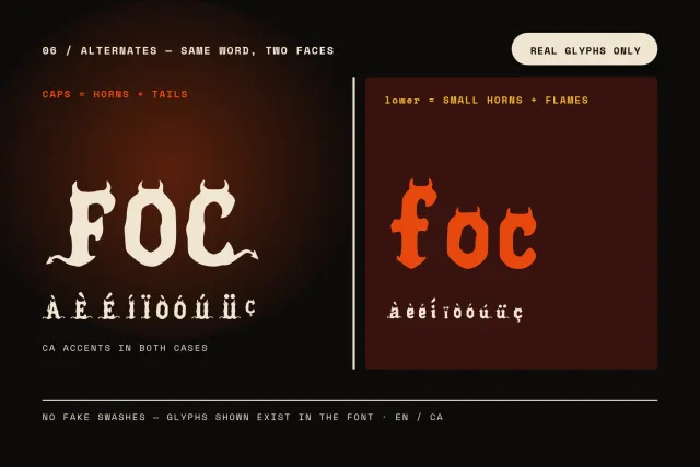 Beacon Lantern alternates card comparing FOC in horned capitals with foc in flaming lowercase