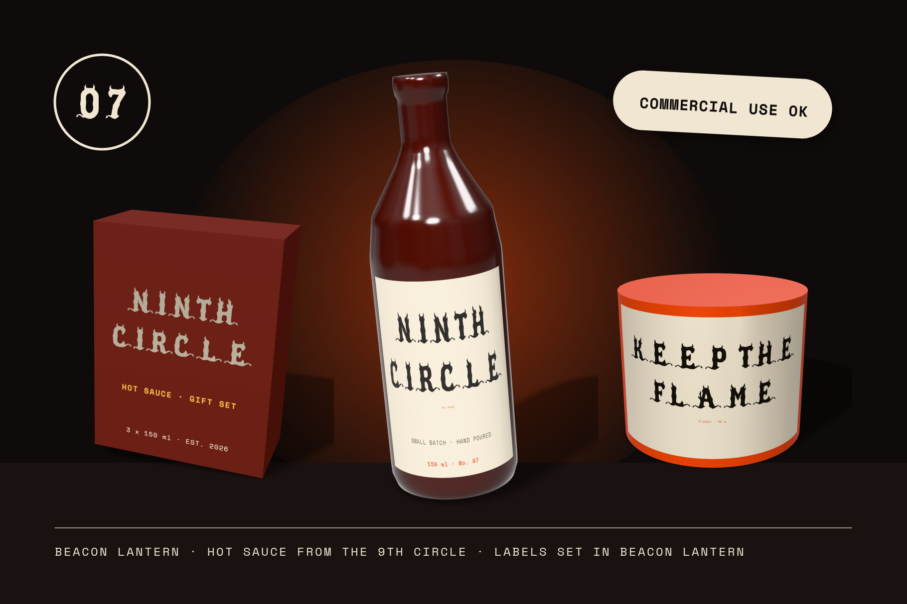 Beacon Lantern hot sauce packaging with Ninth Circle labels on a bottle, gift box and tin