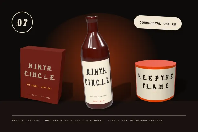 Beacon Lantern hot sauce packaging with Ninth Circle labels on a bottle, gift box and tin