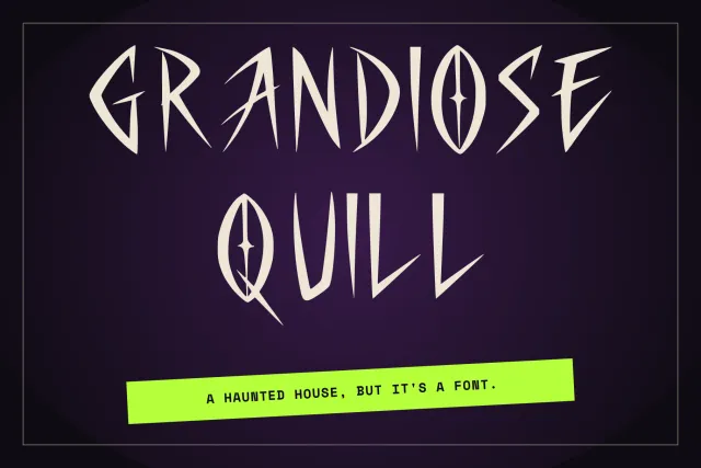 Grandiose Quill font cover: spiky cream letters on deep purple with a lime tagline strip