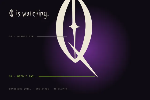 Grandiose Quill giant letter Q with almond eye and needle tail on a purple glow, with detail labels