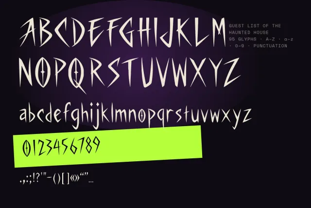 Grandiose Quill character set: uppercase, lowercase, digits 0-9 on a lime strip and punctuation
