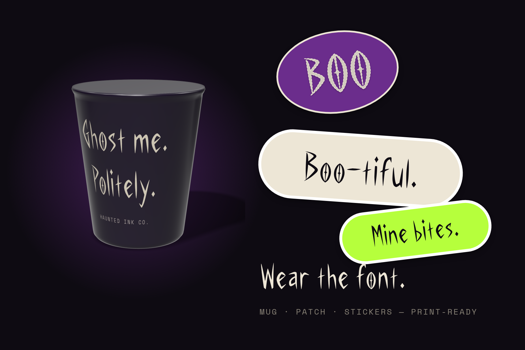 Grandiose Quill merch: black mug reading Ghost me. Politely., embroidered patch and die-cut stickers