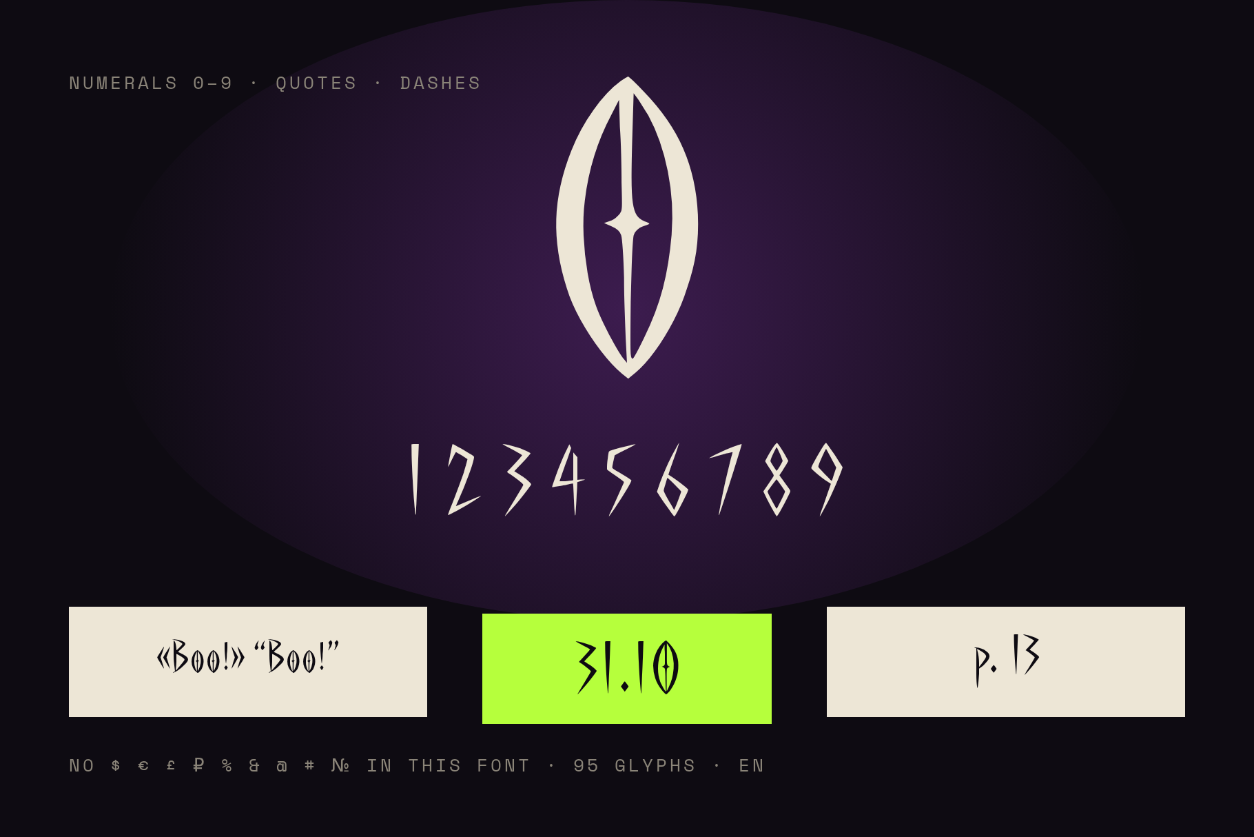 Grandiose Quill numerals 0-9, guillemet and curly quotes, date 31.10 and page number samples