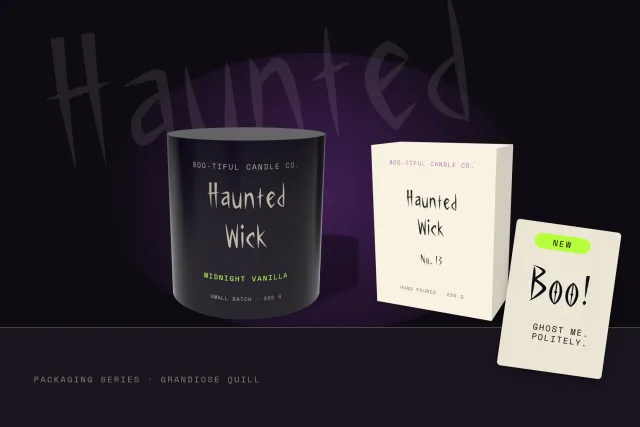 Grandiose Quill packaging: Haunted Wick black candle jar, cream box and tag with the font on labels