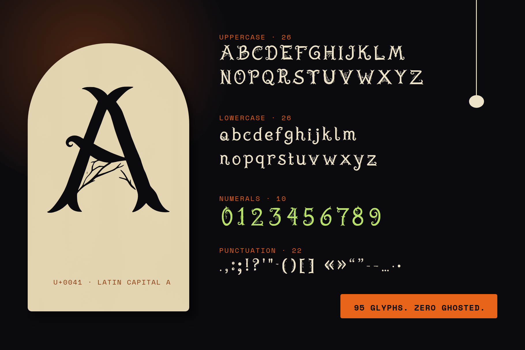 Vellum Spine character set: uppercase, lowercase, numerals and punctuation