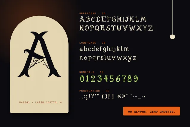 Vellum Spine character set: uppercase, lowercase, numerals and punctuation
