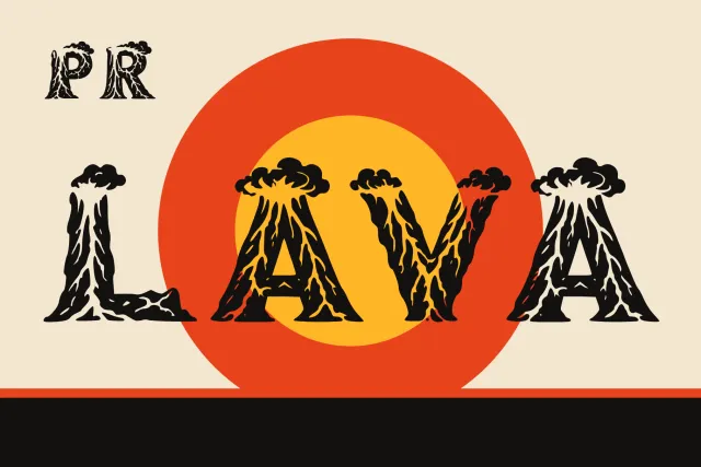 Pr Lava cover with LAVA in cracked black volcano letters topped with smoke clouds over an orange and yellow sun