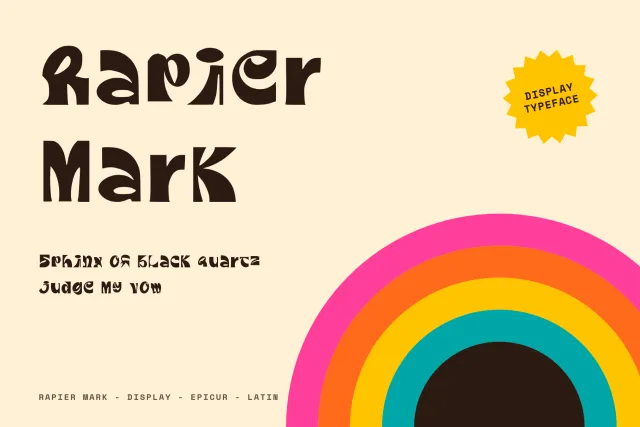 Rapier Mark cover with the font name and a pangram in dark flared letters next to a pink, orange and teal rainbow arc