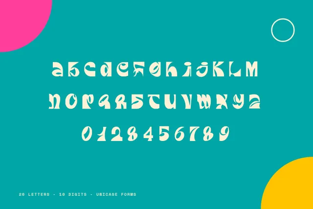 Rapier Mark alphabet card showing 26 unicase letters and the digits 0 to 9 in cream on a teal background