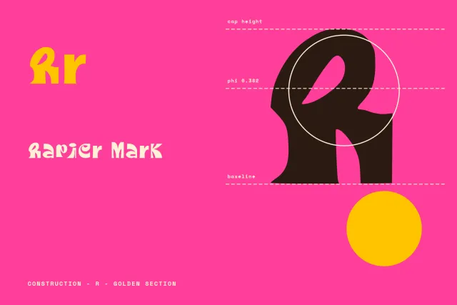 Rapier Mark capital R drawn large with cap height, baseline and golden section guides on a pink background