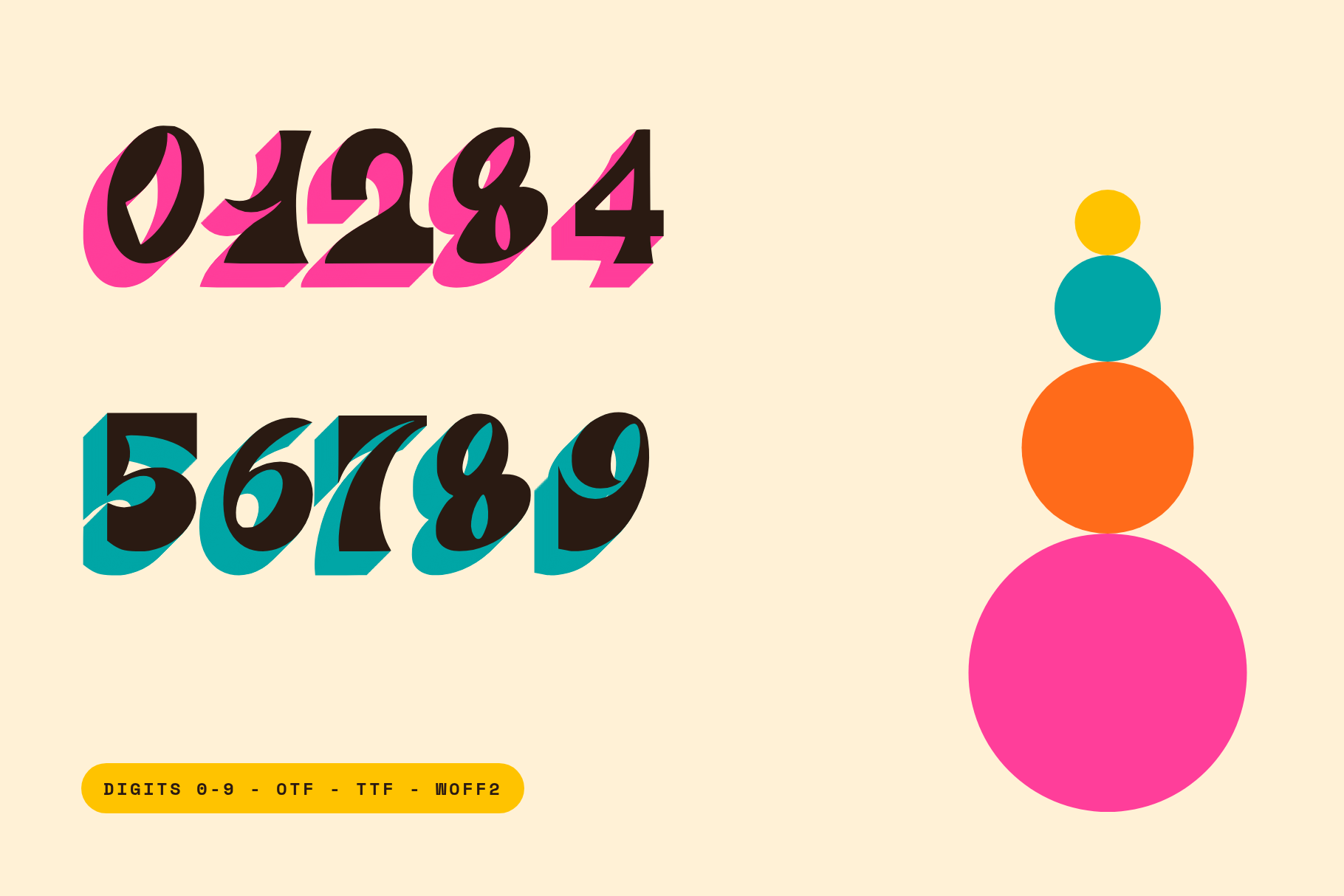 Rapier Mark digits 0 to 9 as dark flared numerals with pink and teal offset shadows on a cream background