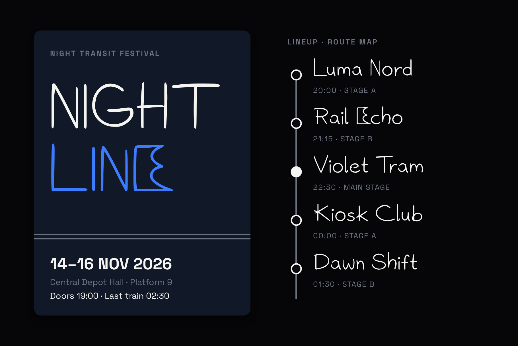 Neon Rails festival poster reading Night Line beside a lineup set as a vertical route map