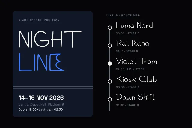 Neon Rails festival poster reading Night Line beside a lineup set as a vertical route map