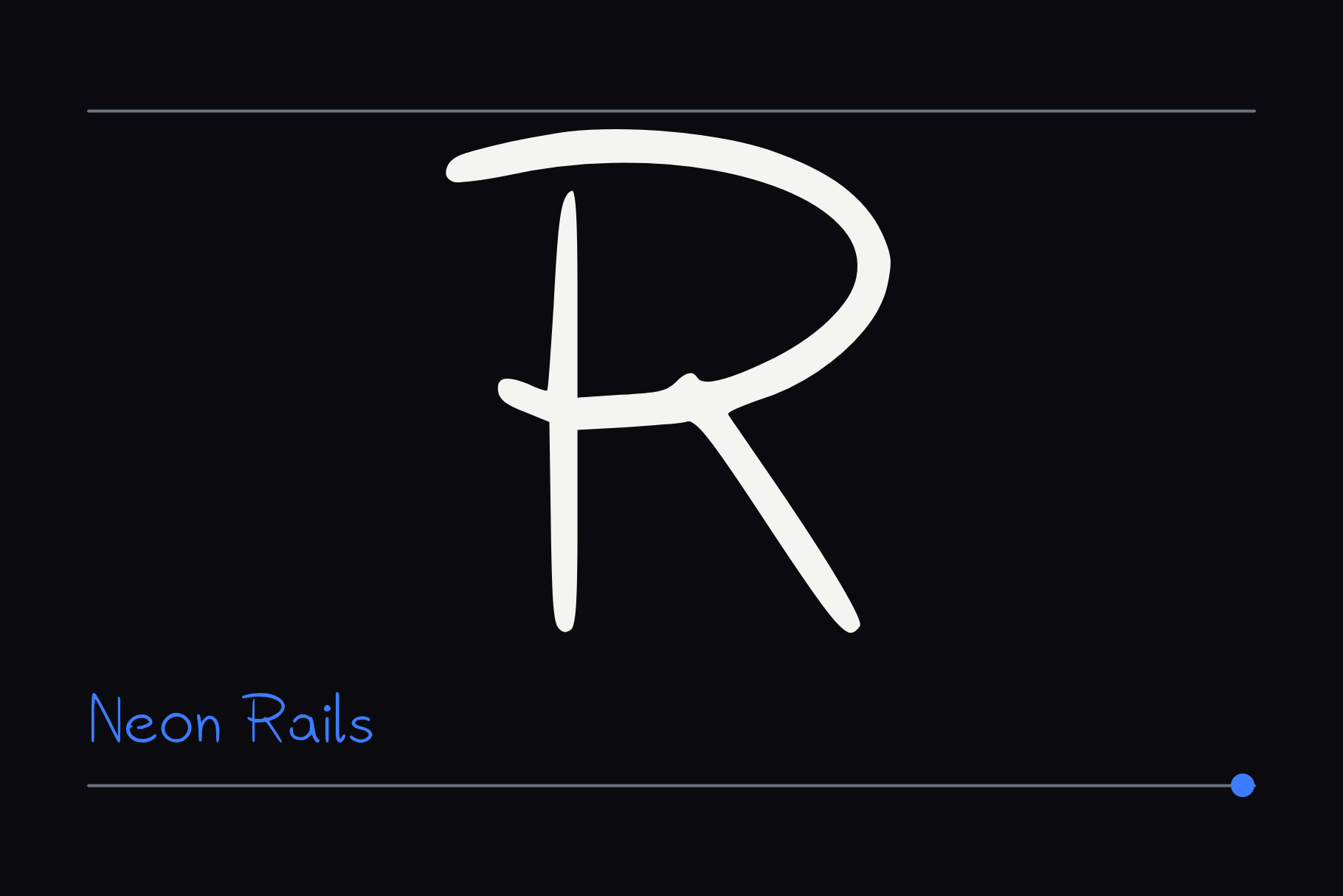 Neon Rails large capital R in a thin rounded stroke with a wide open bowl and a straight leg