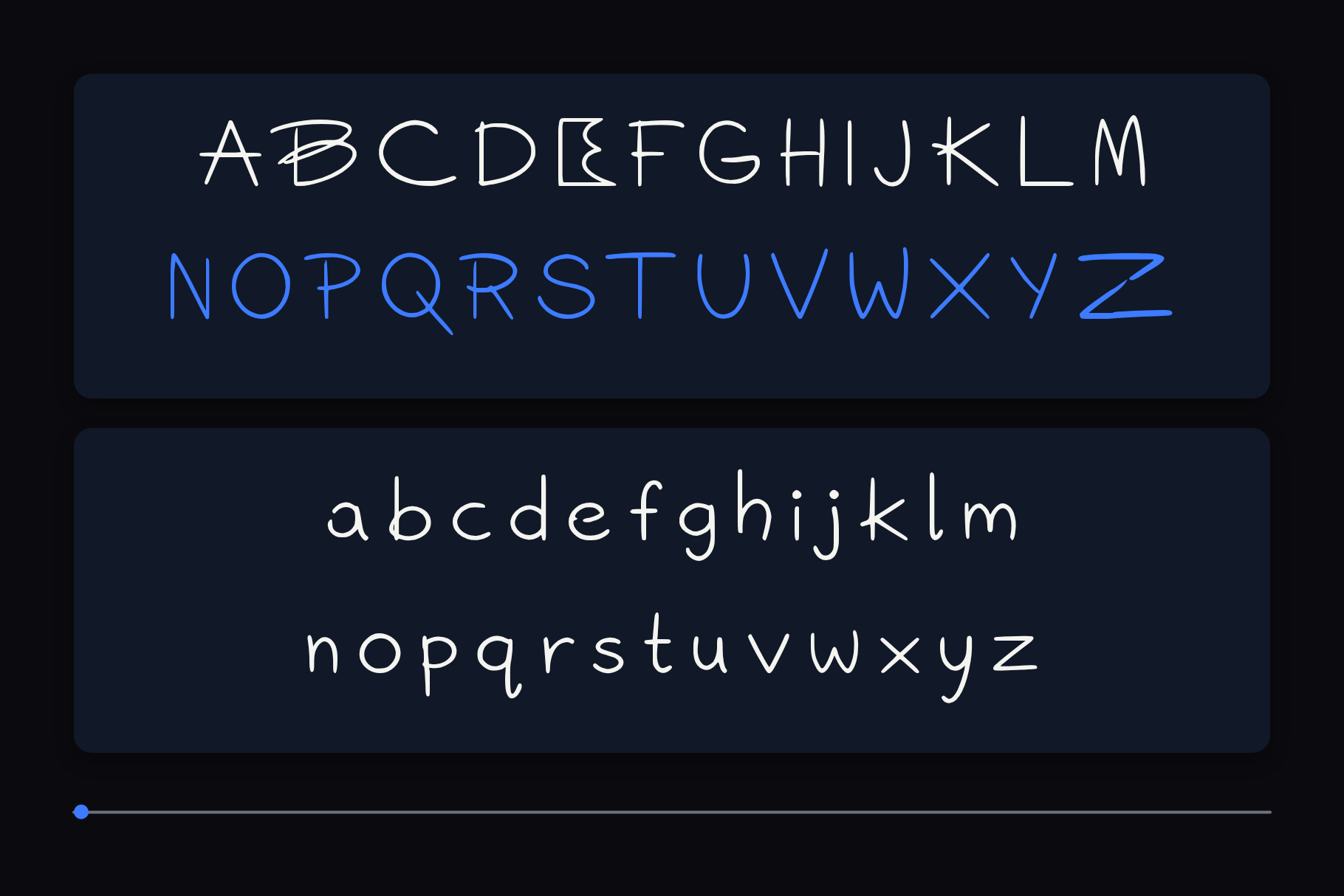 Neon Rails character set with uppercase in white and blue above the full lowercase alphabet