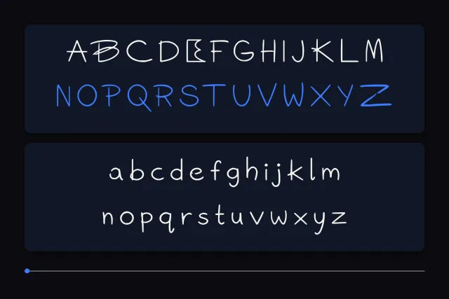 Neon Rails character set with uppercase in white and blue above the full lowercase alphabet