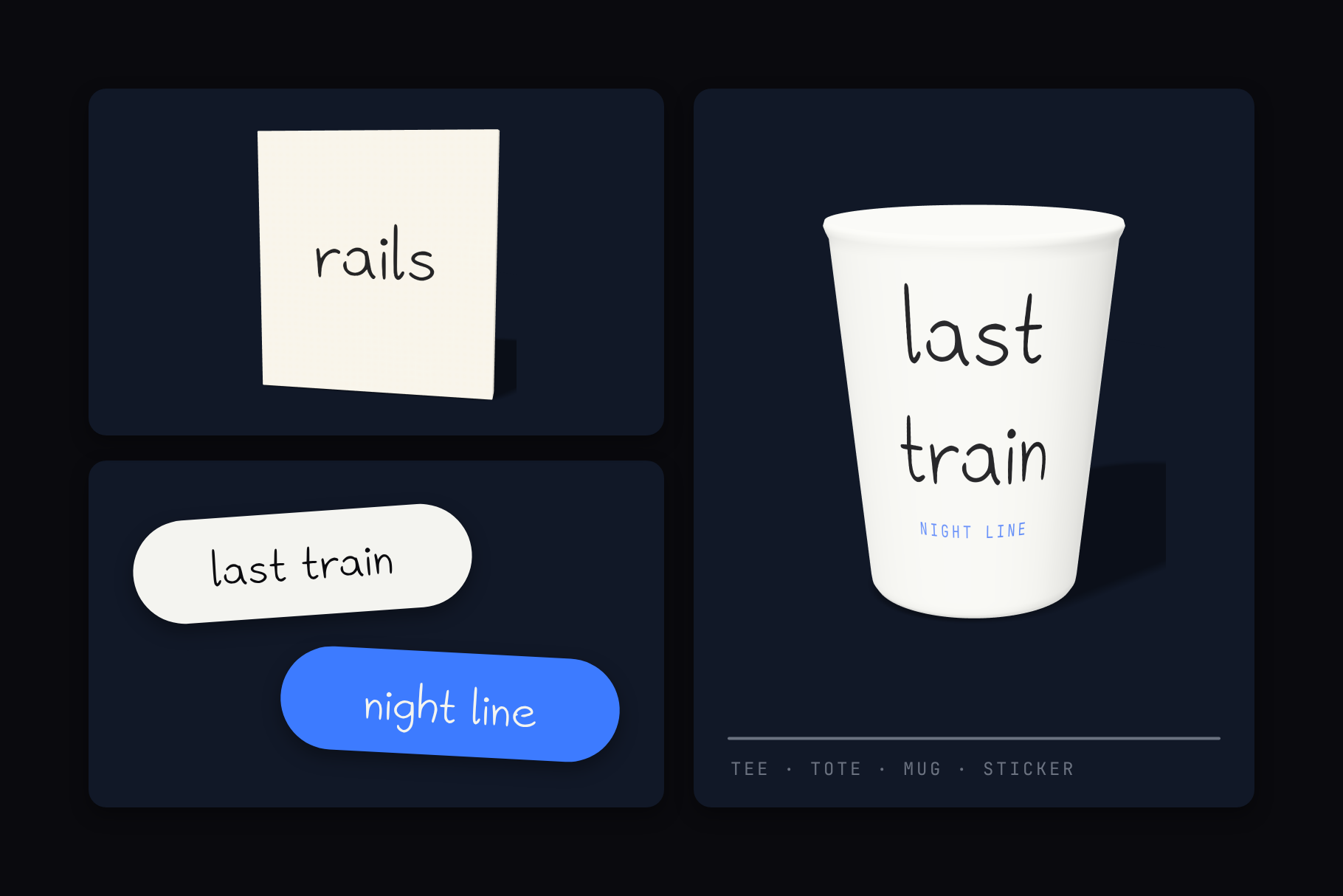 Neon Rails merch mockup with a last train paper cup, a rails card and pill shaped stickers