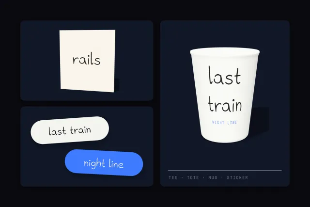 Neon Rails merch mockup with a last train paper cup, a rails card and pill shaped stickers
