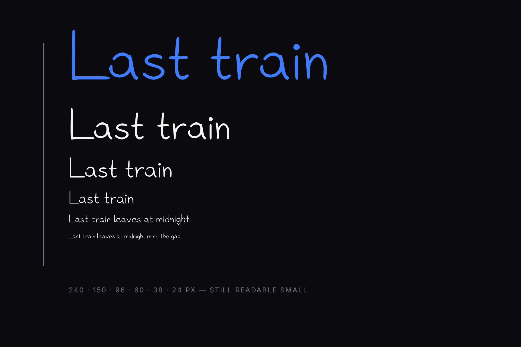 Neon Rails size ladder repeating Last train from 240 px down to 24 px on a dark background