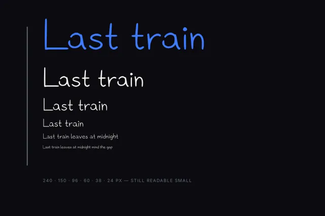 Neon Rails size ladder repeating Last train from 240 px down to 24 px on a dark background