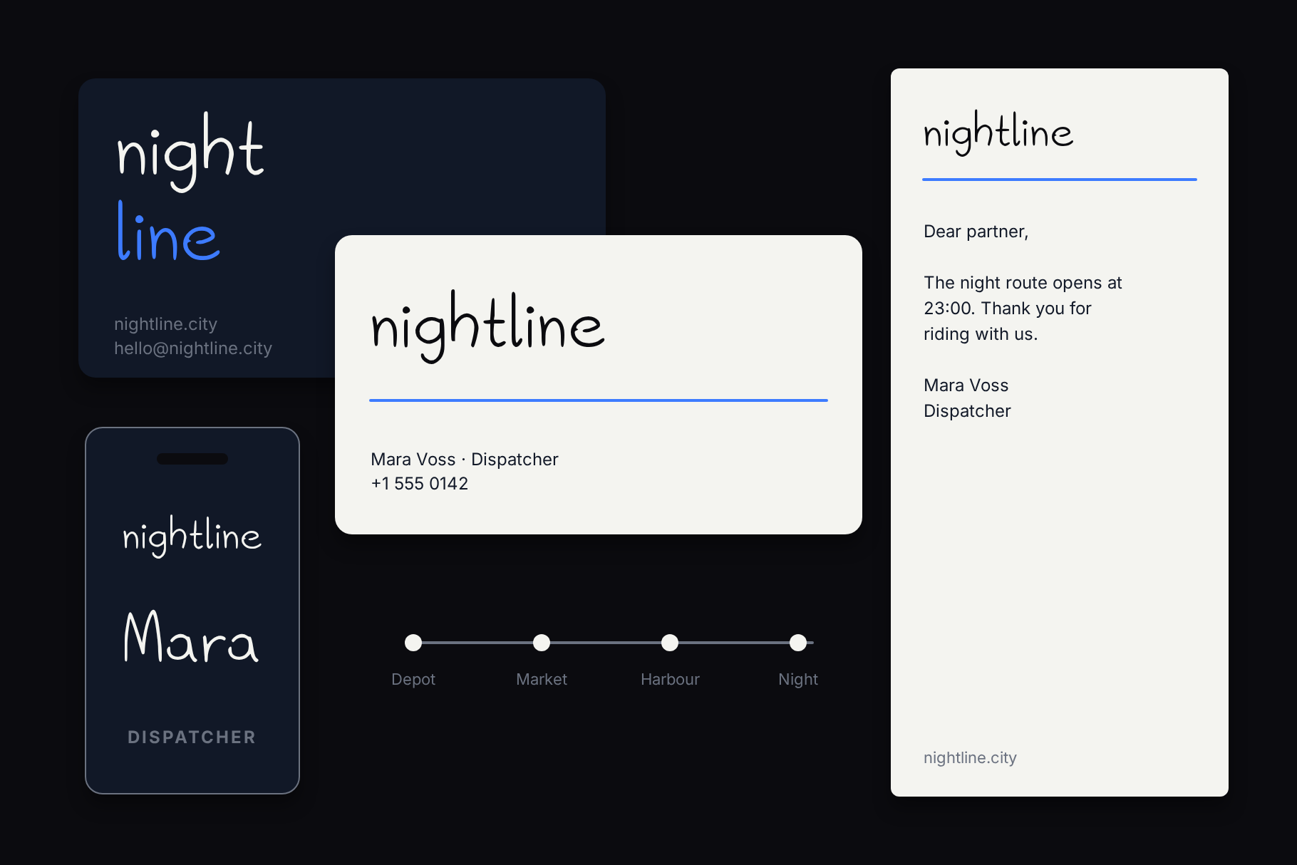 Neon Rails brand kit for nightline with a business card, staff badge and printed letter