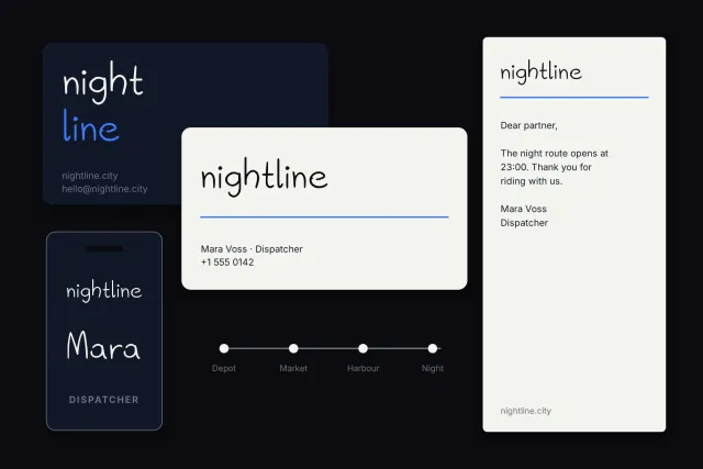 Neon Rails brand kit for nightline with a business card, staff badge and printed letter