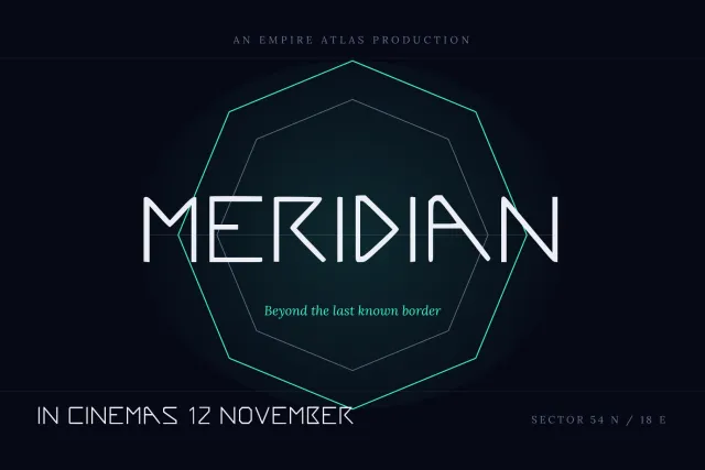 Empire Atlas sci-fi film poster for Meridian with an In Cinemas 12 November line on a dark octagon backdrop