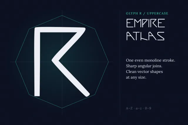 Empire Atlas oversized uppercase R built from one monoline stroke with a sharp angular join, on a navy grid