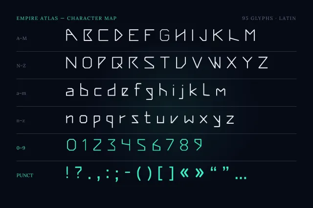 Empire Atlas character map with A to Z capitals, lowercase, figures 0 to 9 and punctuation in thin white strokes
