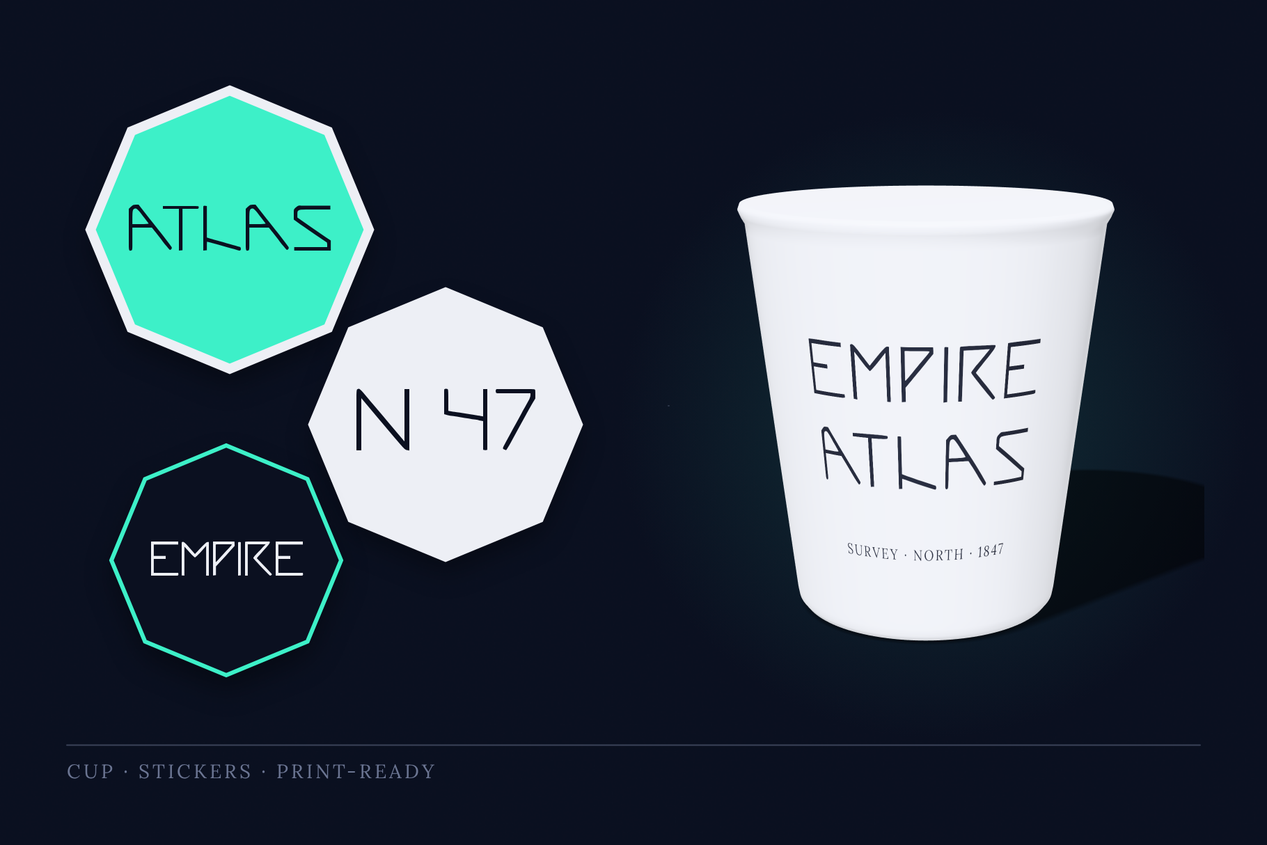 Empire Atlas merch mockup with a white paper cup and octagonal stickers reading Atlas, N 47 and Empire