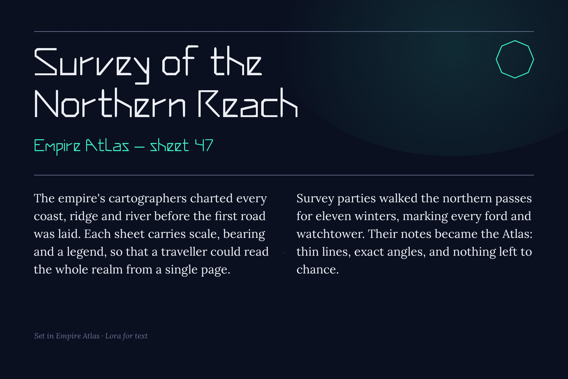 Empire Atlas headline Survey of the Northern Reach over two columns of serif body text on dark navy
