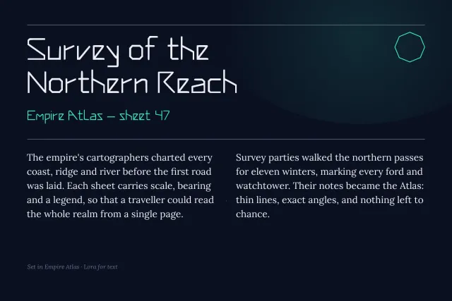 Empire Atlas headline Survey of the Northern Reach over two columns of serif body text on dark navy