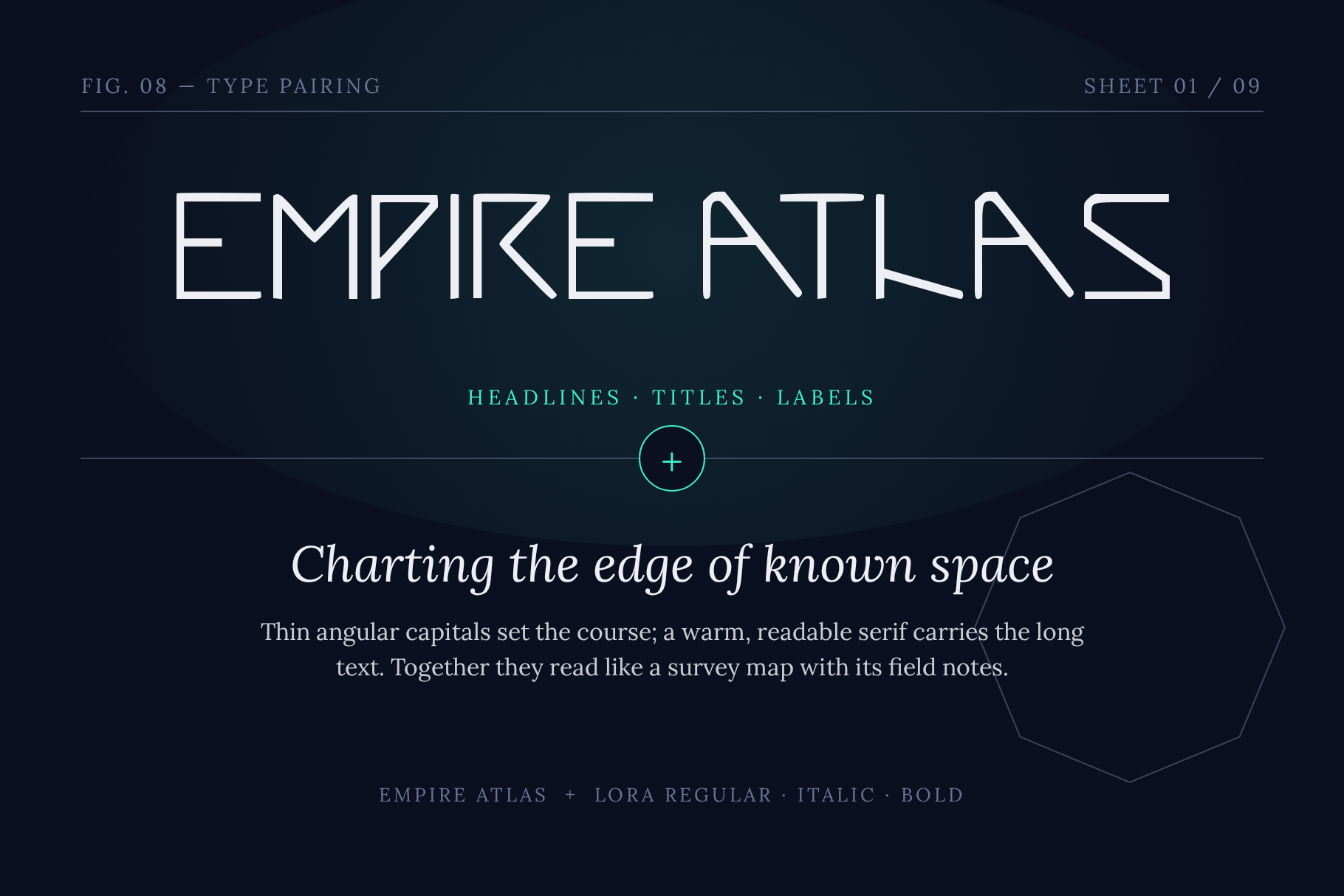 Empire Atlas type pairing card with thin angular capitals above a warm serif headline and paragraph