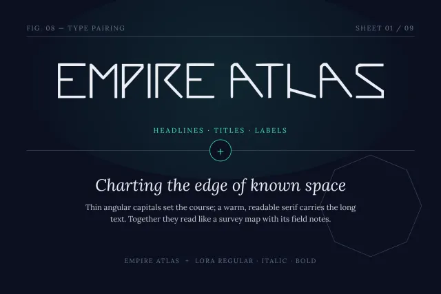 Empire Atlas type pairing card with thin angular capitals above a warm serif headline and paragraph