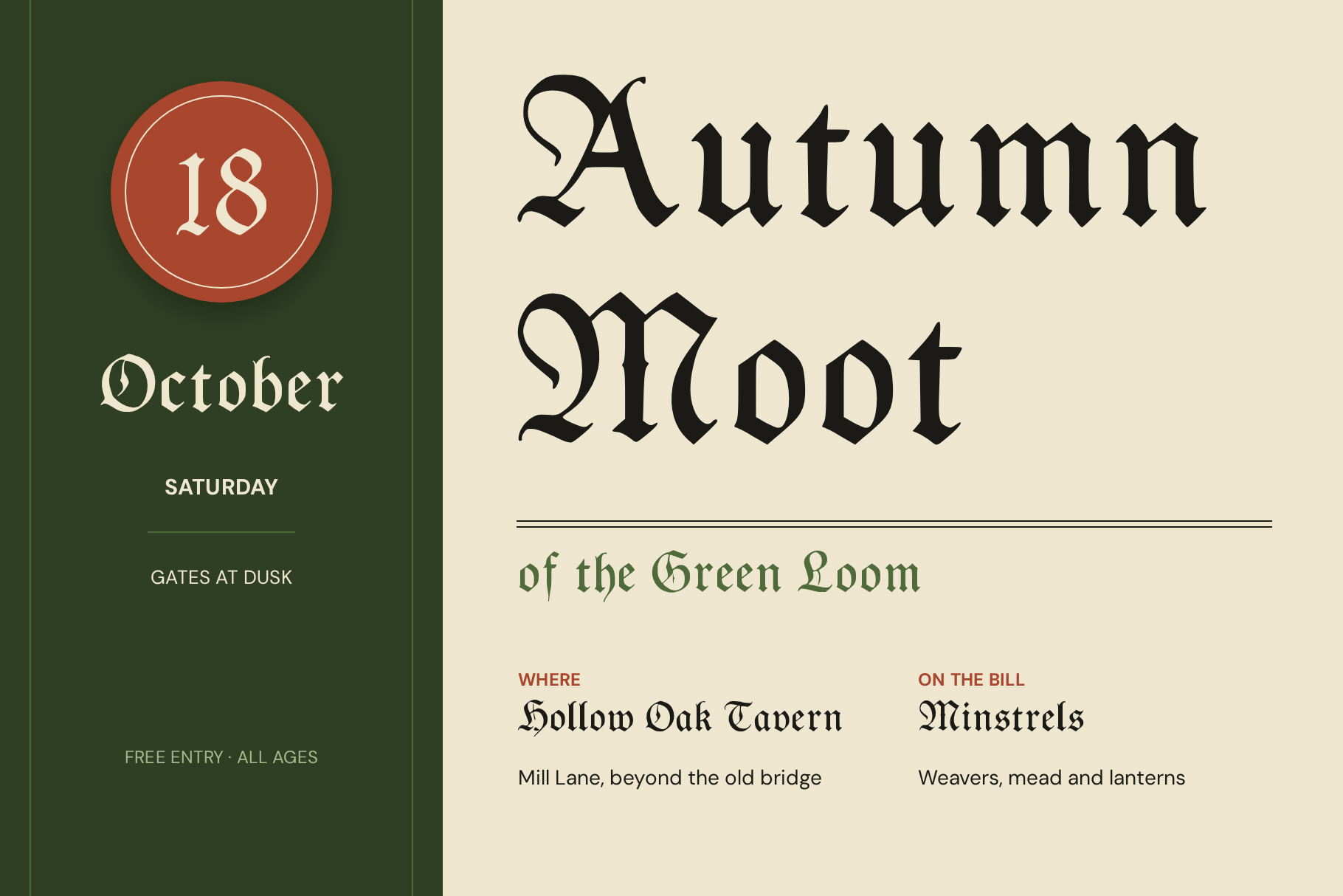 Moss Loom event poster for Autumn Moot of the Green Loom with the date 18 October on a dark green side panel