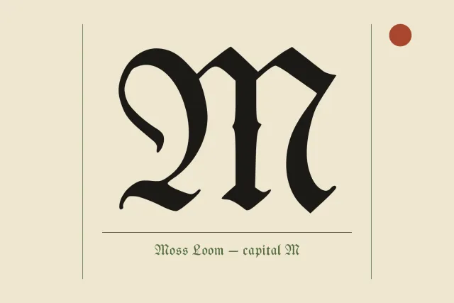 Moss Loom capital M with two heavy arches and a long hairline flourish shown large on a cream background