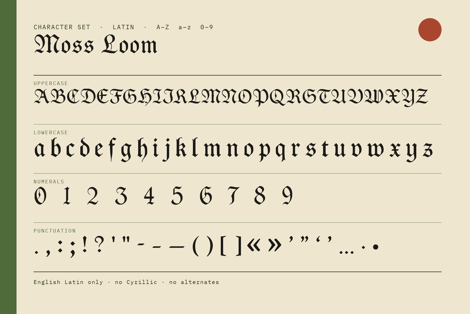 Moss Loom character set with uppercase, lowercase, figures 0 to 9 and punctuation in black on cream