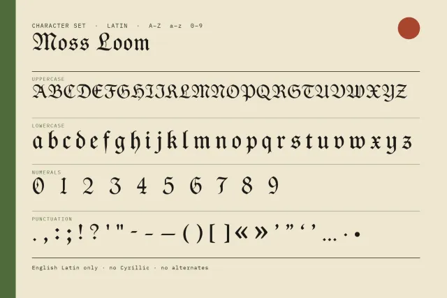 Moss Loom character set with uppercase, lowercase, figures 0 to 9 and punctuation in black on cream