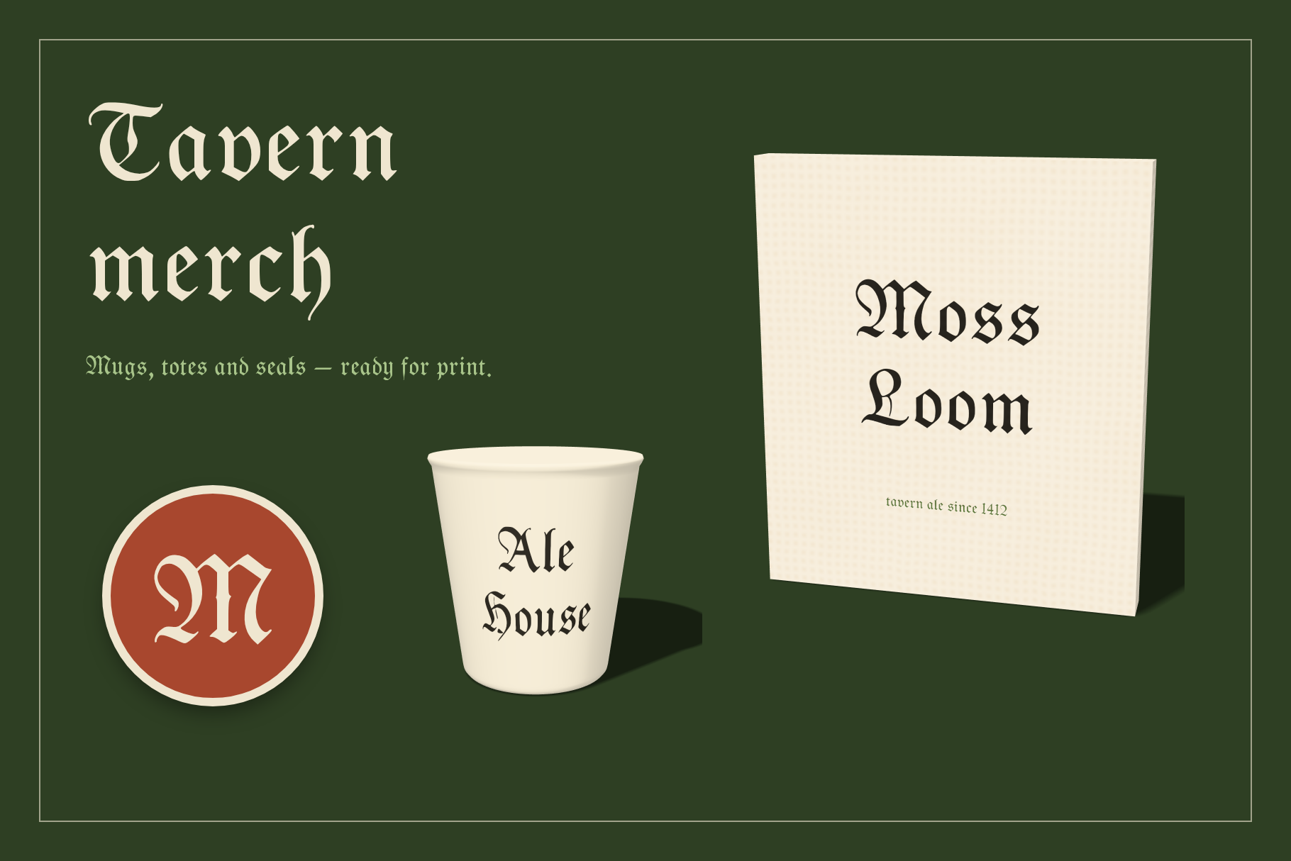 Moss Loom tavern merch with Ale House on a paper cup, the name on a cream box and a red M seal on green